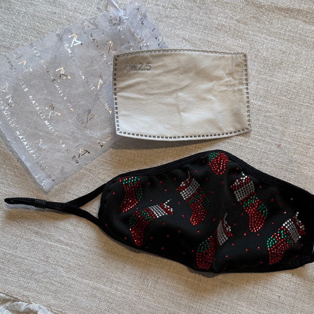 New Natalie Mills Rhinestone Holiday Christmas Stockings Face Mask